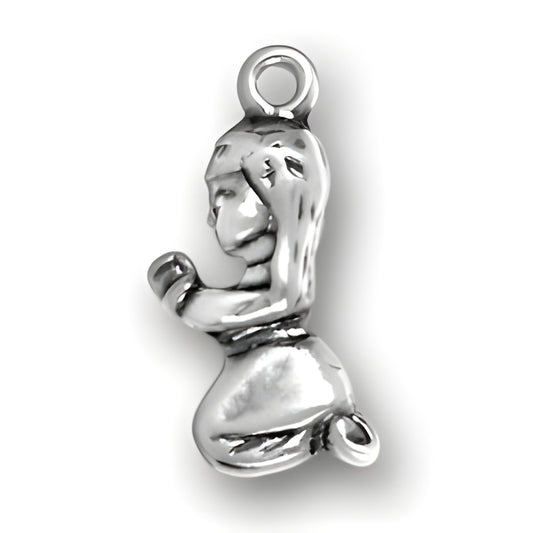 Praying Girl Charm made of sterling silver, depicting a girl in a praying position with hands clasped.