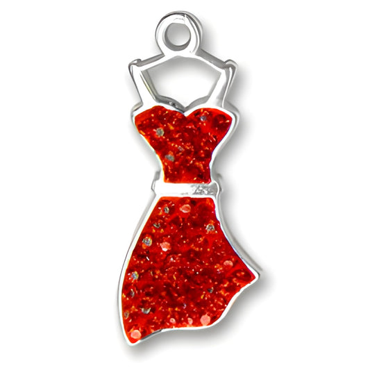 Charm Factory Red Dress Charm made of metal and adorned with red glitter, shaped like a stylish dress.