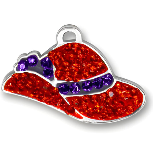Charm Factory Red Hat Charm made of metal, featuring vibrant red and purple glitter accents.