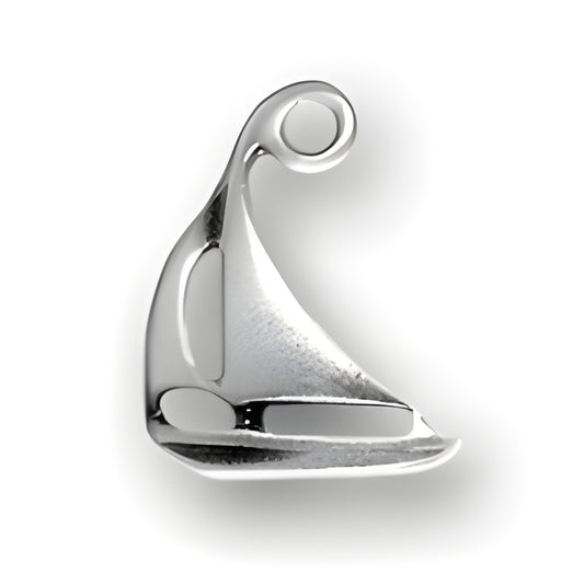 Sailboat Charm made of sterling silver, featuring a stylized sail design with a curled top.
