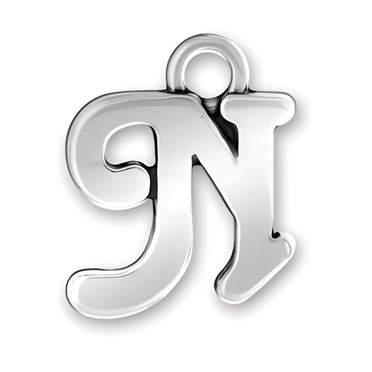 Script Letter N Charm by Charm Factory, made of polished silver, featuring a stylish cursive design.