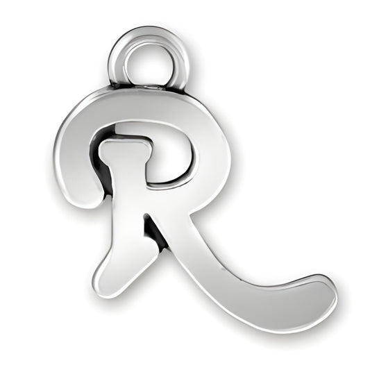 Charm Factory Script Letter R Charm, crafted from polished silver, featuring a stylish cursive design.