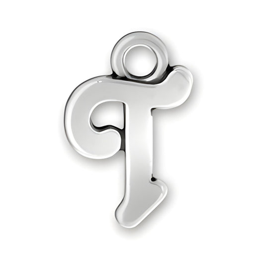 Charm Factory Script Letter T Charm, made of polished silver, featuring a stylish cursive design.