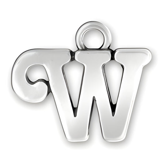 Charm Factory Script Letter W Charm made of polished silver, featuring a stylish cursive design.
