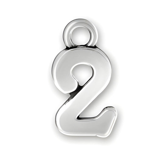 Charm Factory Script Number 2 Charm, made of polished silver, featuring a stylized number two design.