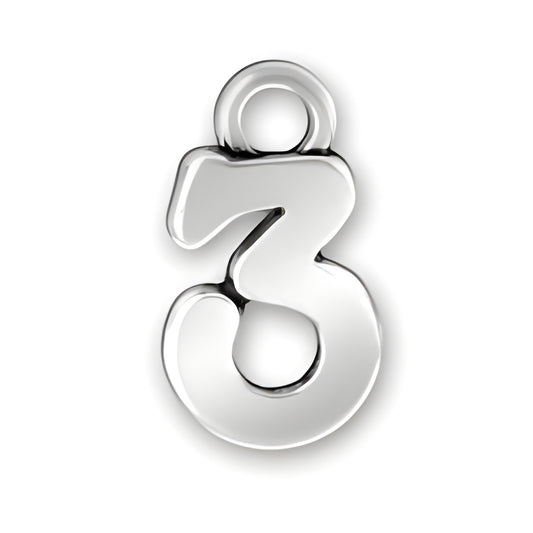 Charm Factory Script Number 3 Charm made of polished silver, featuring a stylized, curvy number three design.