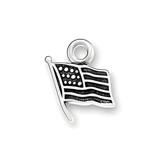 Sterling silver American flag charm featuring detailed stripes and stars, with a loop for attachment.