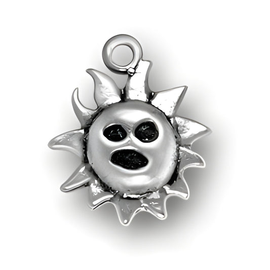 Small Sun with Face Charm made of sterling silver, featuring a smiling sun design with rays and a facial expression.