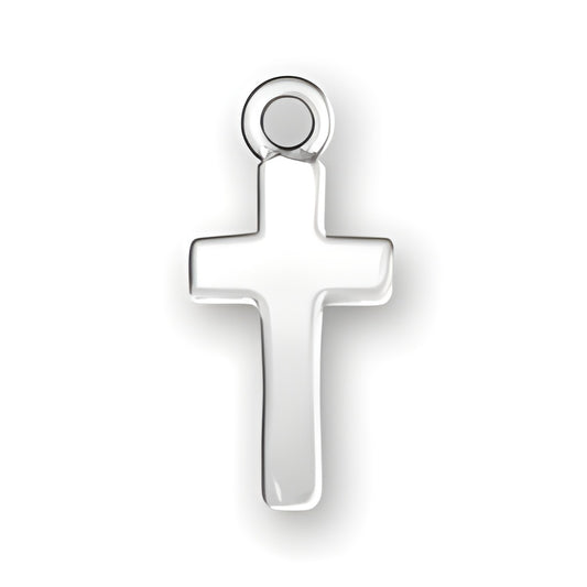 Small thin cross charm made of sterling silver, featuring a simple and sleek design with a loop for attachment.