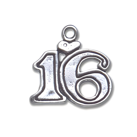Sterling silver charm featuring the number 16 with a small heart design above it.