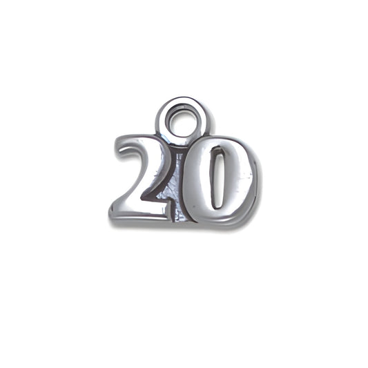 Sterling Silver 20 Charm featuring the number '20' in a polished design with a loop for attachment.