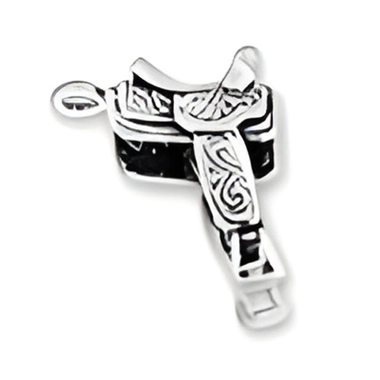 Sterling Silver 3D Saddle Charm featuring intricate detailing and a loop for attachment, showcasing a classic saddle design.