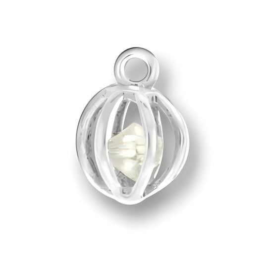 Sterling Silver Clear Crystal Cage Charm featuring a clear crystal encased in a silver cage design.
