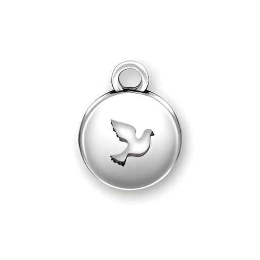 Sterling Silver Dove Domed Message Charm featuring a raised dove silhouette on a polished circular surface.