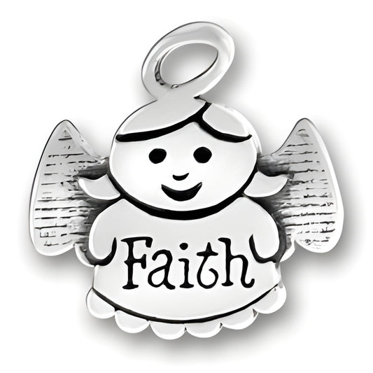 Sterling Silver Faith Angel Charm featuring a smiling angel with the word 'Faith' on its dress.