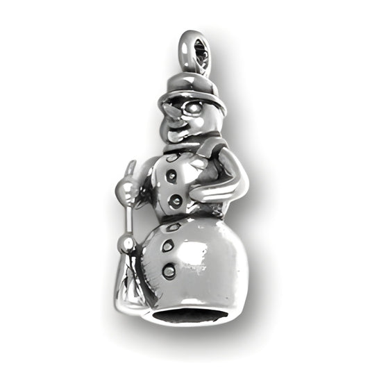 Sterling Silver Frosty the Snowman Charm featuring a smiling snowman with a hat and scarf, holding a broom.