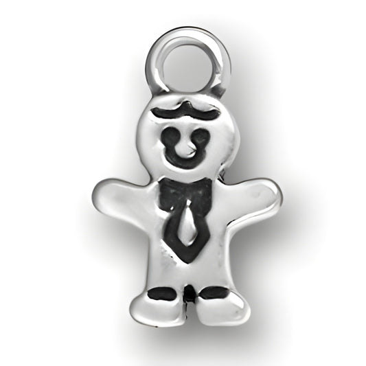 Sterling Silver Gingerbread Boy Charm featuring a smiling figure with a tie and detailed facial features.