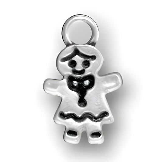 Sterling Silver Gingerbread Girl Charm featuring a smiling face, bow, and dress details.