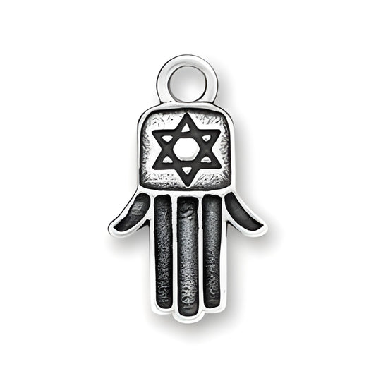 Sterling Silver Hamsa/Hamesh Hand Charm featuring a Star of David design, detailed with textured fingers.