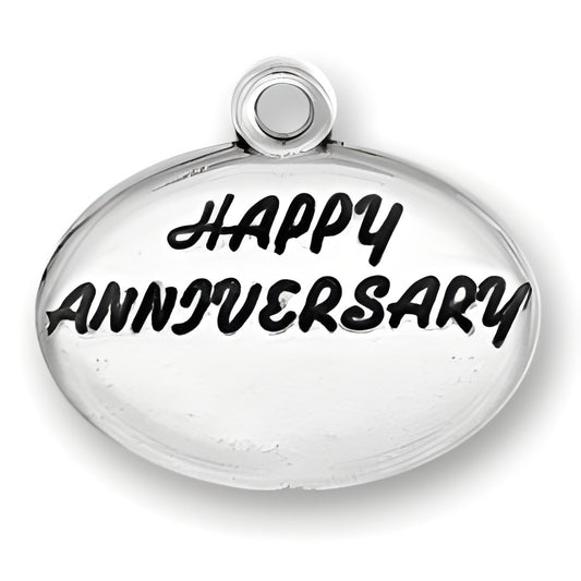 Sterling Silver Happy Anniversary Charm featuring engraved text in a stylish font on an oval shape.