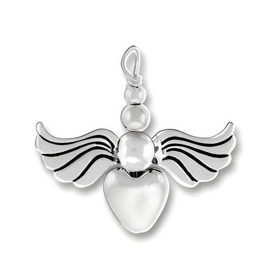 Sterling Silver Heart Silver Angel Charm featuring a heart with wings and a bead above, crafted from sterling silver.
