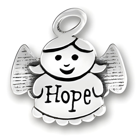 Sterling Silver Hope Angel Charm featuring a smiling angel with the word 'Hope' inscribed on its dress.
