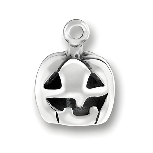 Sterling Silver Jack O'Lantern Charm featuring a carved pumpkin design with a smiling face and a loop for attachment.