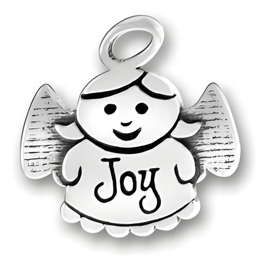 Sterling Silver Joy Angel Charm featuring a smiling angel with the word 'Joy' on its dress and detailed wings.