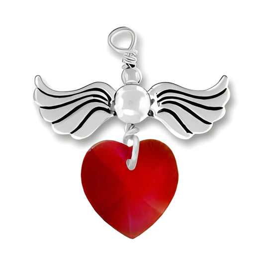 Sterling Silver Love Taking Flight charm featuring wings and a garnet crystal heart.