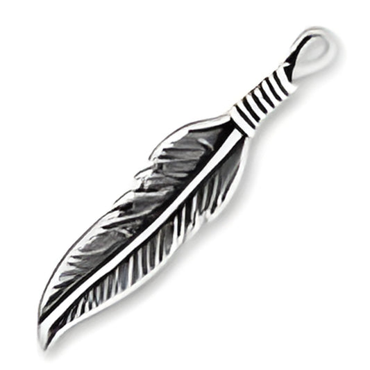 Sterling Silver Medium Feather Charm featuring detailed feather design with a loop for attachment.