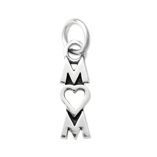 Mom Heart Charm in sterling silver featuring the letters M, heart shape, and M, symbolizing love for mothers.