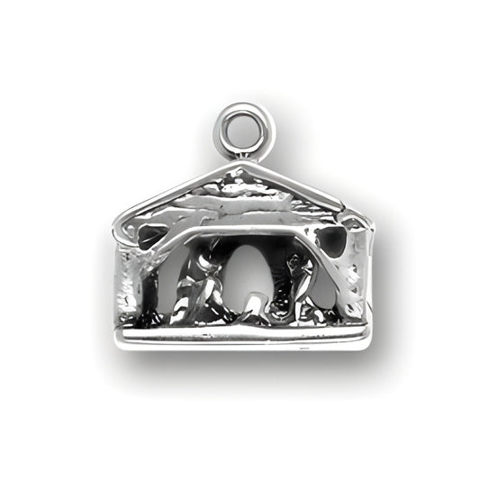 Sterling Silver Nativity Charm featuring a detailed depiction of the nativity scene within a stable.