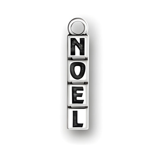 Sterling Silver Noel Charm featuring four stacked letters spelling 'NOEL' in a block style.