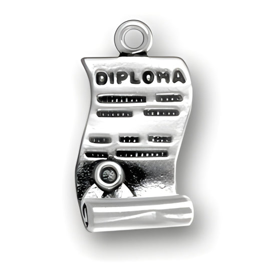 Charm Factory Sterling Silver Open Diploma Charm featuring a rolled diploma design with the word 'DIPLOMA' engraved.