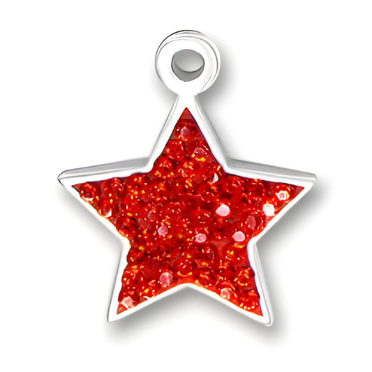 Sterling Silver Red Star Charm featuring a shiny red star design with sparkling details.