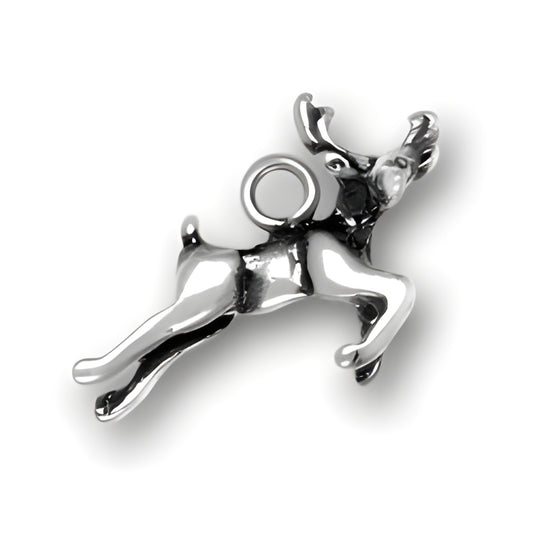 Sterling Silver Reindeer Charm, featuring a leaping reindeer design with detailed antlers and a loop for attachment.