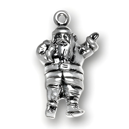 Sterling Silver Santa Charm featuring a detailed Santa figure with a raised hand, wearing a traditional suit.