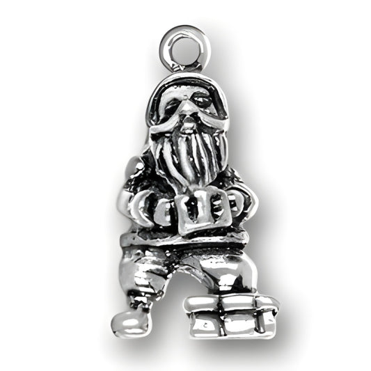 Sterling Silver Santa Claus Charm featuring a detailed Santa figure holding a gift, with a loop for attachment.