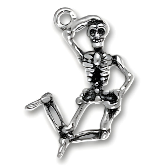 Sterling Silver Skeleton Charm featuring a playful skeleton pose with one arm raised and a leg bent.