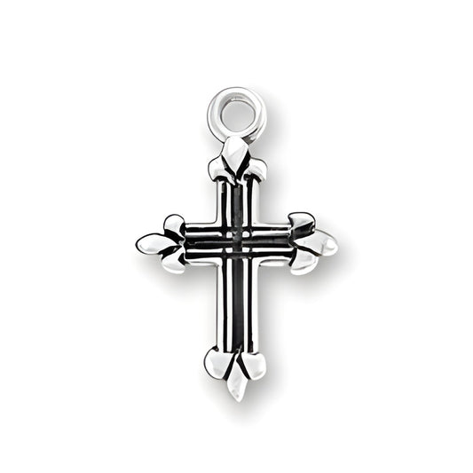 Sterling Silver Small Cross Charm featuring a detailed design with pointed ends and a loop for attachment.