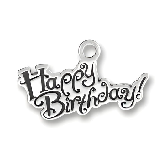 Sterling Silver Small Happy Birthday Charm featuring playful script lettering with a loop for attachment.