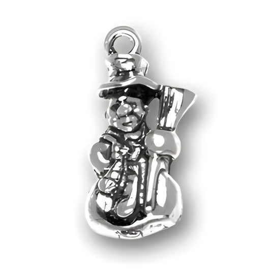 Sterling Silver Snowman Charm featuring a snowman with a hat and scarf, holding a broom.