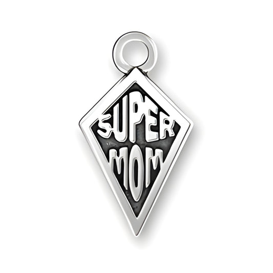 Sterling Silver Super Mom Charm featuring a diamond shape with the words 'SUPER MOM' in bold letters.