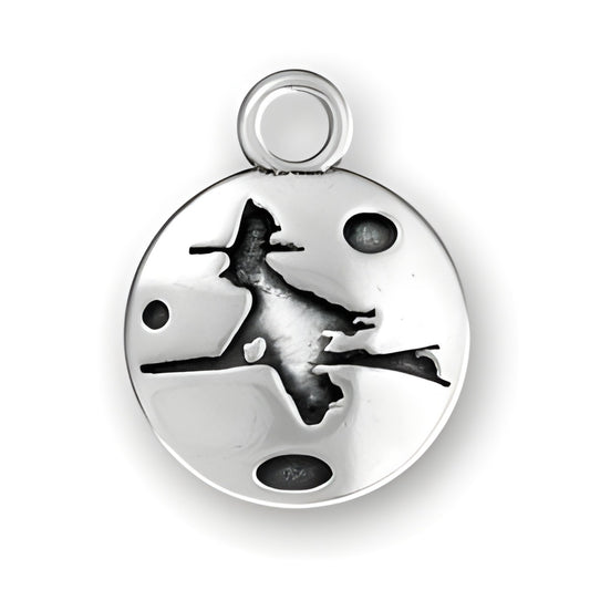 Sterling Silver Witch on Broom Charm featuring a detailed witch silhouette and celestial elements.