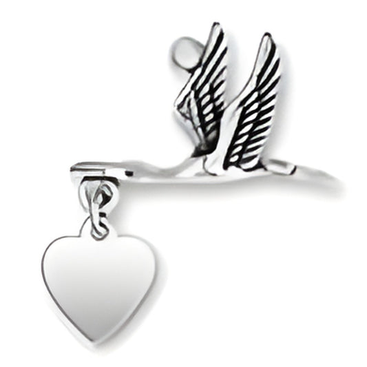 Stork charm with heart pendant, made of sterling silver, featuring detailed wings and a smooth heart charm.