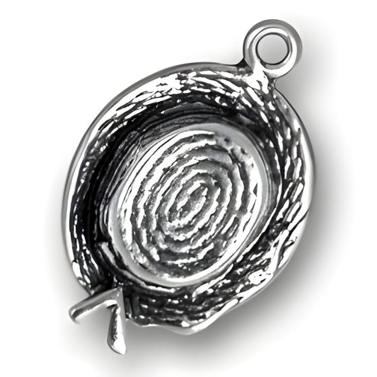 Charm Factory Straw Hat Charm made of silver, featuring intricate detailing and a loop for attachment.