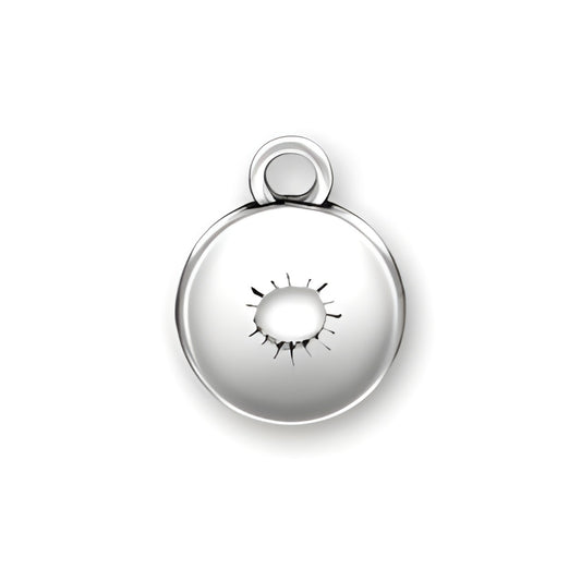 Sunshine Domed Message Charm made of sterling silver, featuring a sun design with rays on a domed surface.