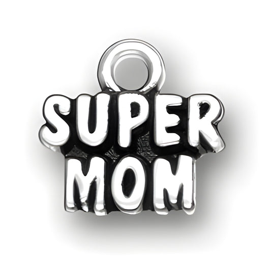 Super Mom Charm made of sterling silver, featuring bold, stylized lettering in a shiny finish.