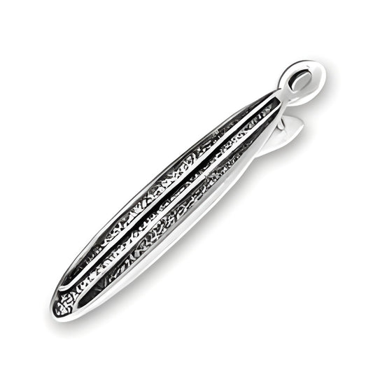 Sterling silver surfboard charm featuring detailed texture and a loop for attachment.
