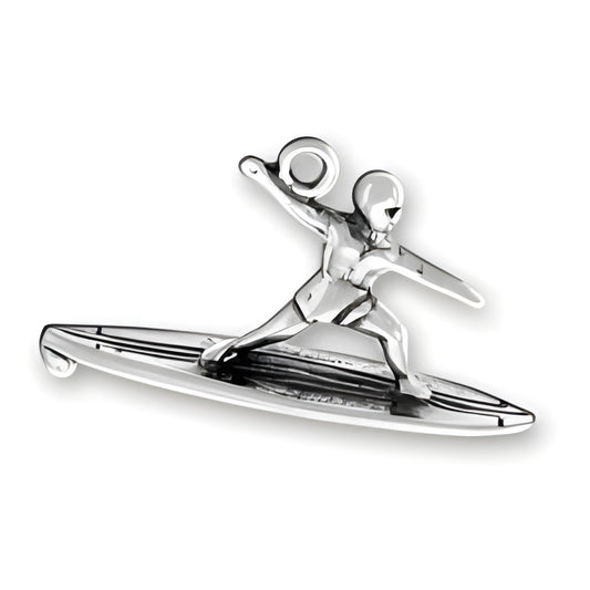 Surfer Charm by Charm Factory, crafted from polished silver, depicting a surfer riding a wave on a surfboard.